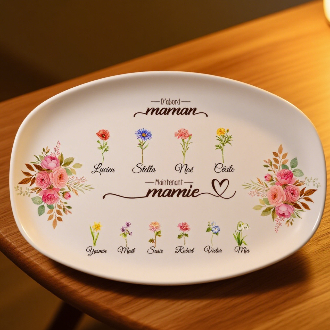 Assiette Ovale  Personnalisée motif fleuri « D'abord maman, maintenant mamie »