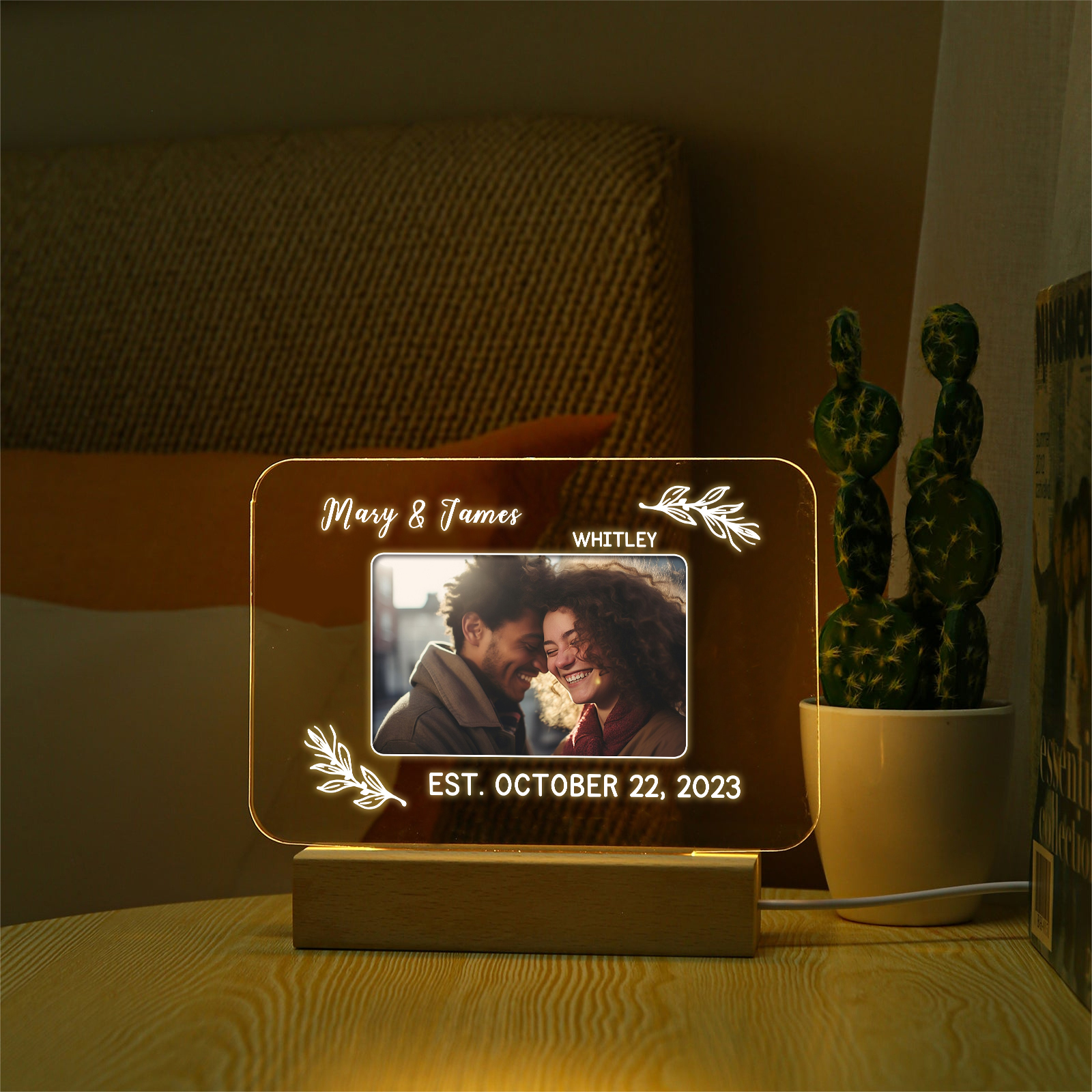 Lampe de chevet LED Lumières 2 Prénoms et 1 Photo Personnalisés avec Texte et Date pour Couple