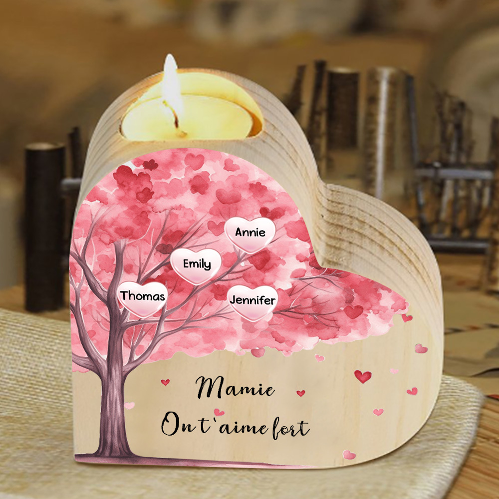 À Ma Maman/Mamie - Bougeoir en Bois Arbre 4 Prénoms et 1 Texte Personnalisés pour Famille sans bougie