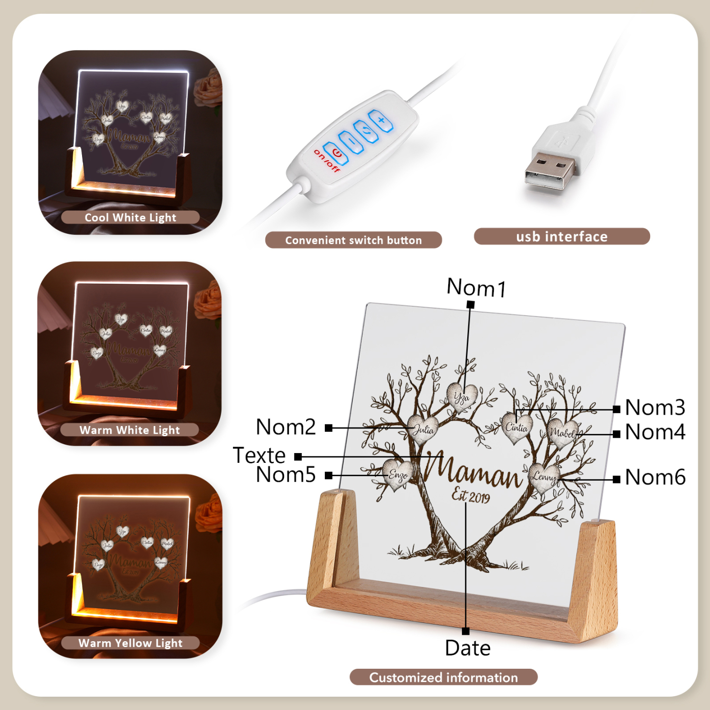 À Maman/Mamie - Lampe de chevet LED Arbre de Vie 6 Prénoms Personnalisés avec Texte et Date pour Famille