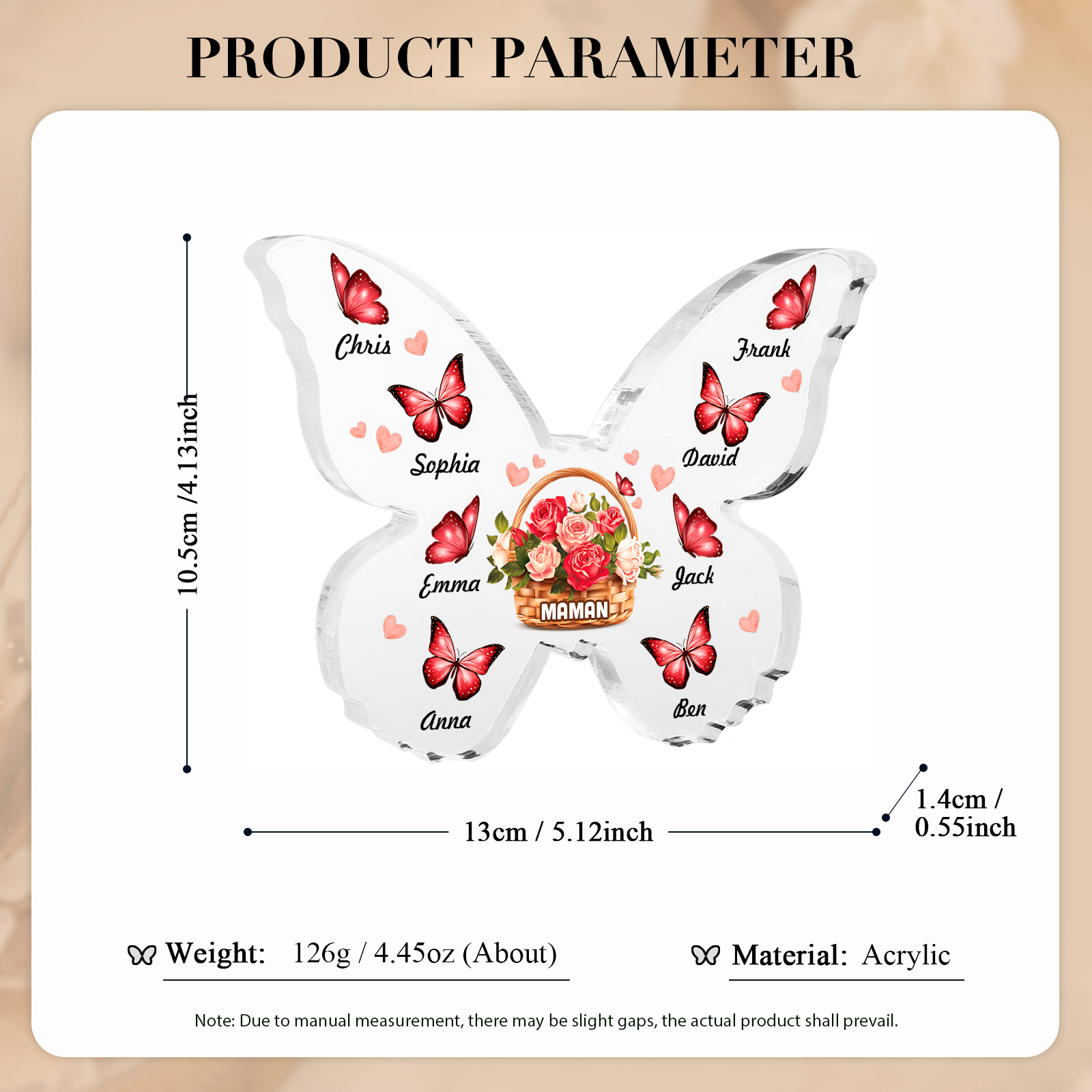À Maman/Mamie - Plaque Acrylique en forme de Papillon 8 Prénoms et 1 Texte Personnalisés Decoration Fleurs et Papillons
