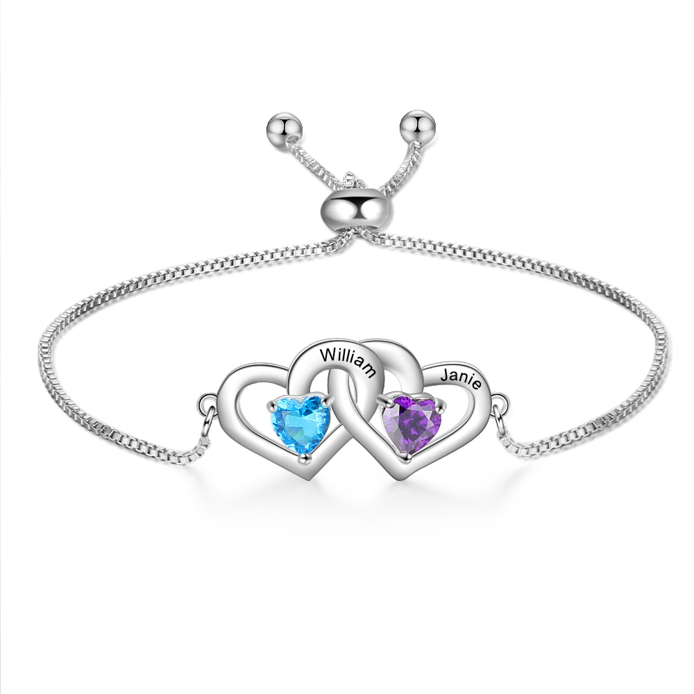 Bracelet reglable 2 coeurs 2 Pierre de Naissance