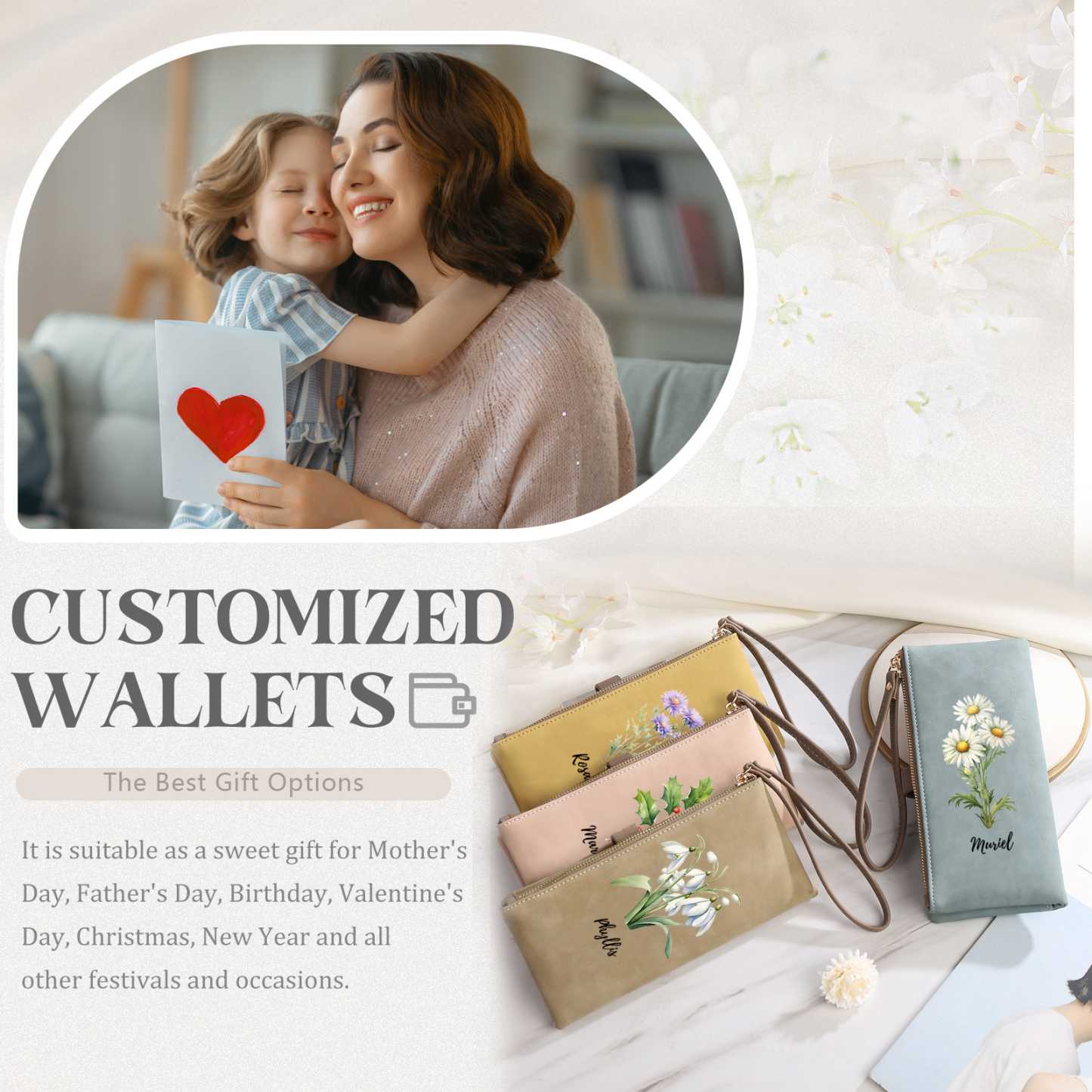 Portefeuille Femmes 1 Prénom Personnalisé avec Fleur de Naissance Porte-Monnaie Carte