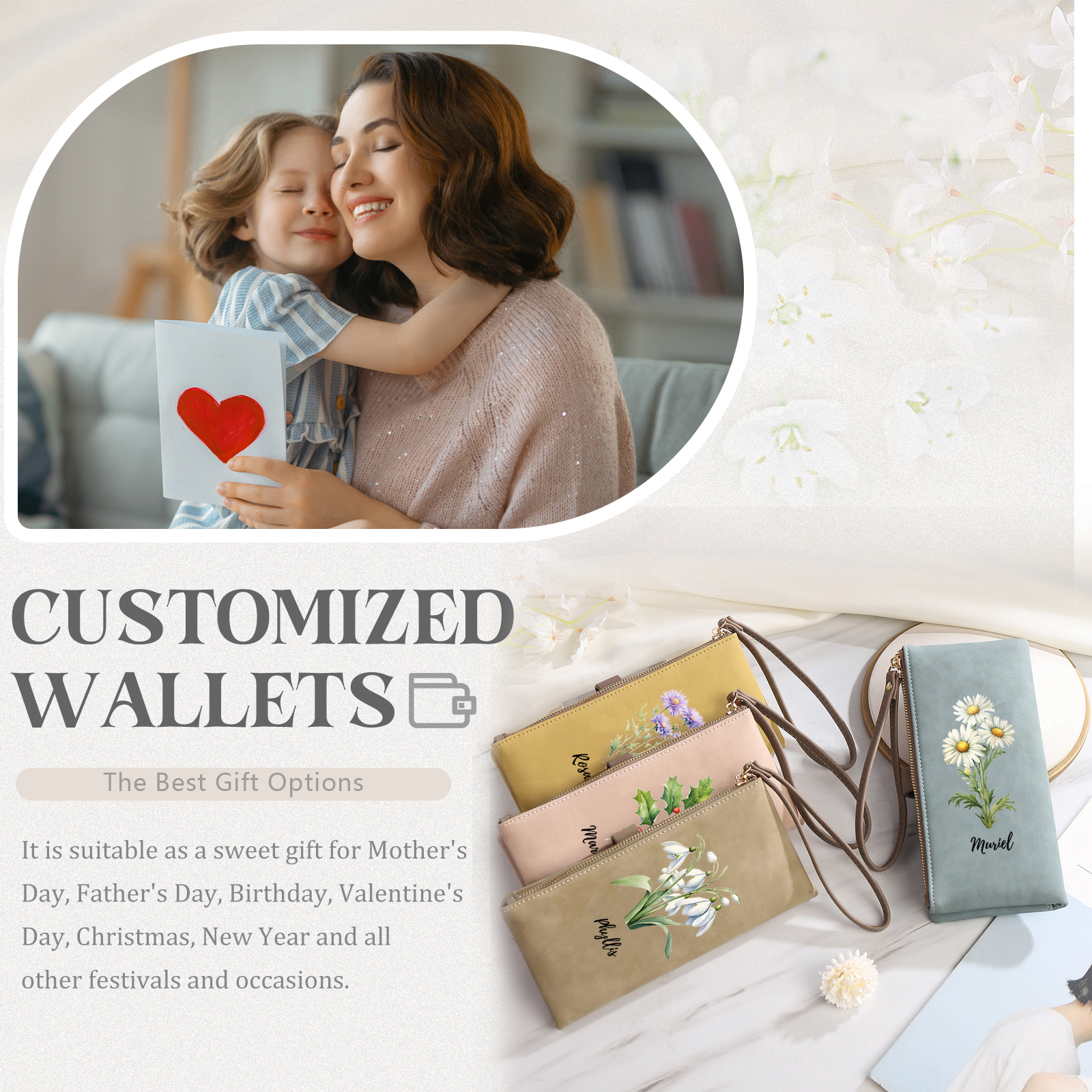 Portefeuille Femmes 1 Prénom Personnalisé avec Fleur de Naissance Porte-Monnaie Carte