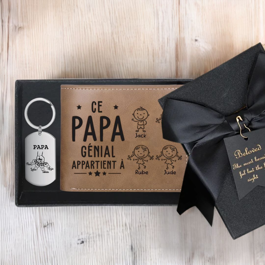 À Papa-Portefeuille 4 Prénoms Personnalisés avec 4 Enfants Classique Homme Porte-Monnaie Carte | Cadeau Fête des Pères | Jessemade