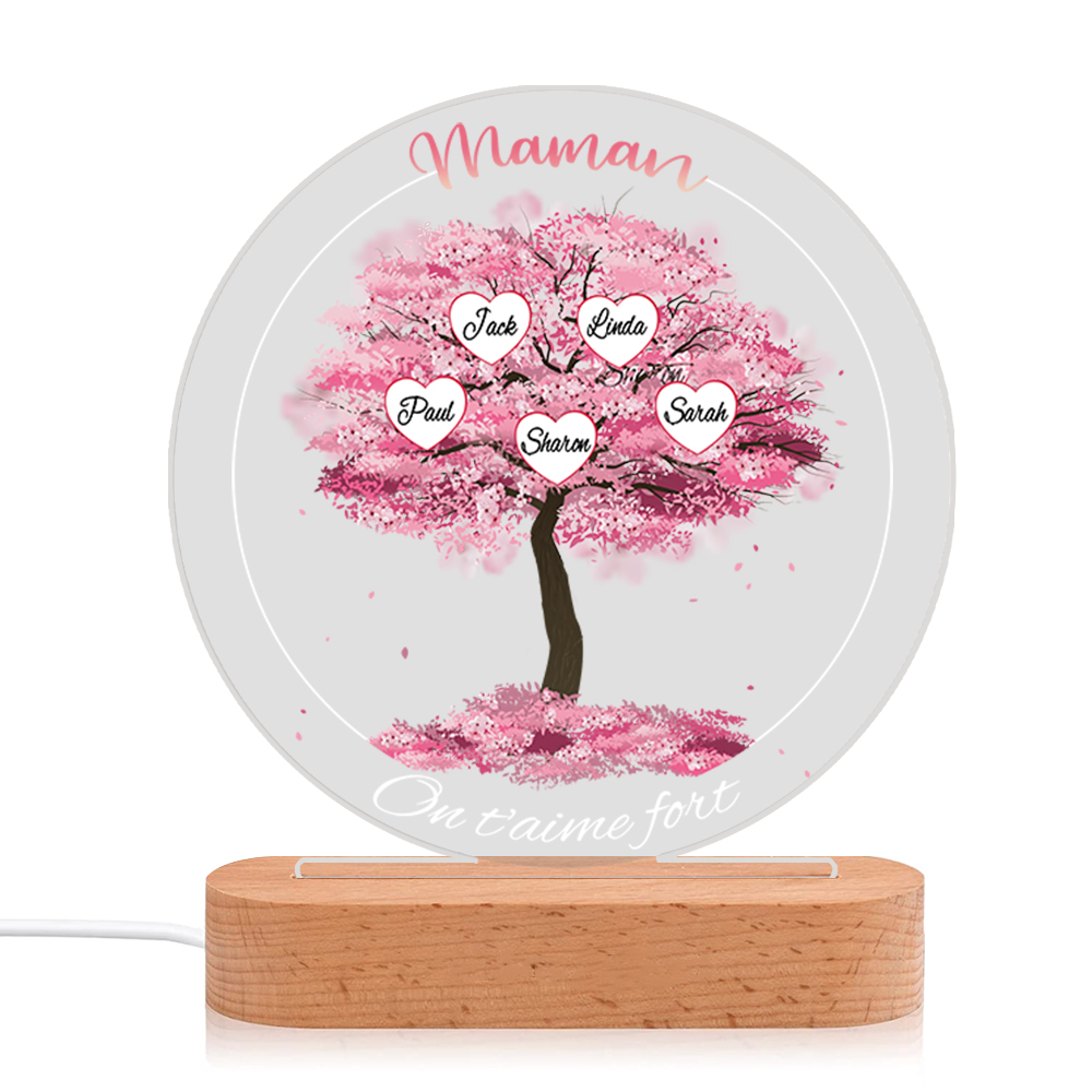 À Maman/Mamie - Lampe de chevet LED Lumières Arbre 5 Prénoms et 2 Textes Personnalisés pour Famille