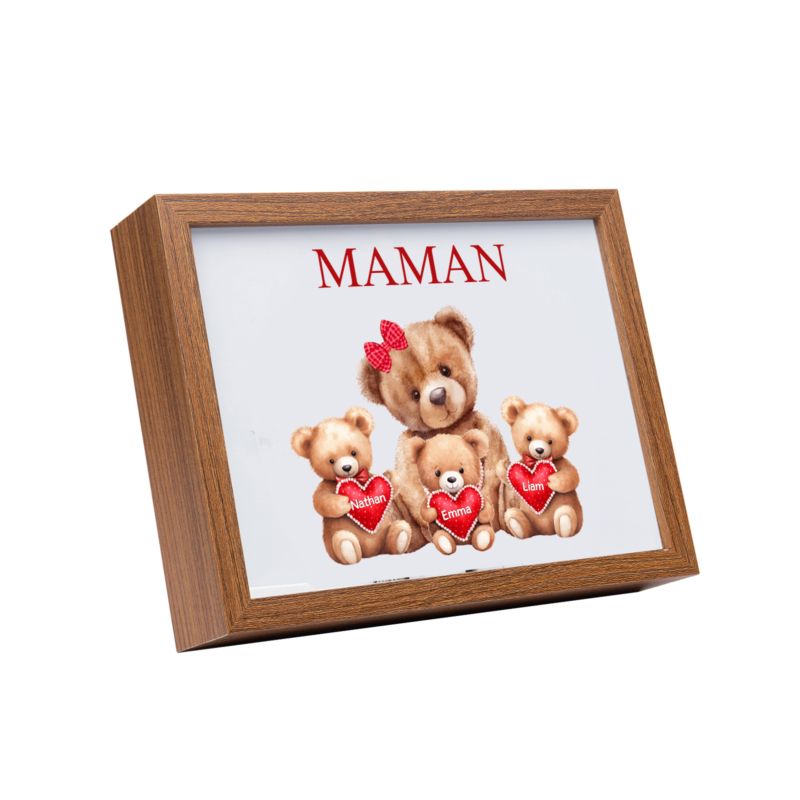 Cadre Photo LED Ours 3 Prénoms Personnalisés avec 1 Texte Décoration Famille
