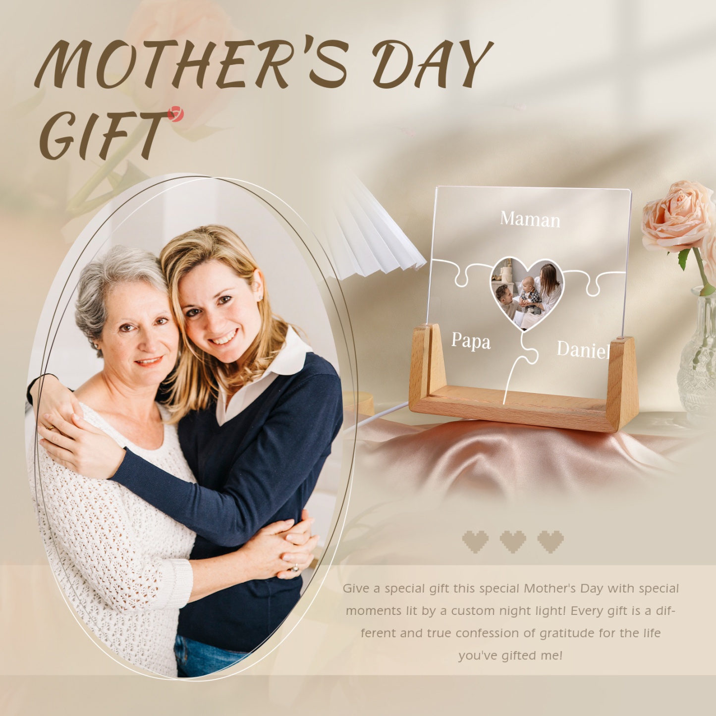 Lampe de chevet LED Puzzles 3 Prénoms Personnalisés avec Photo pour Famille
