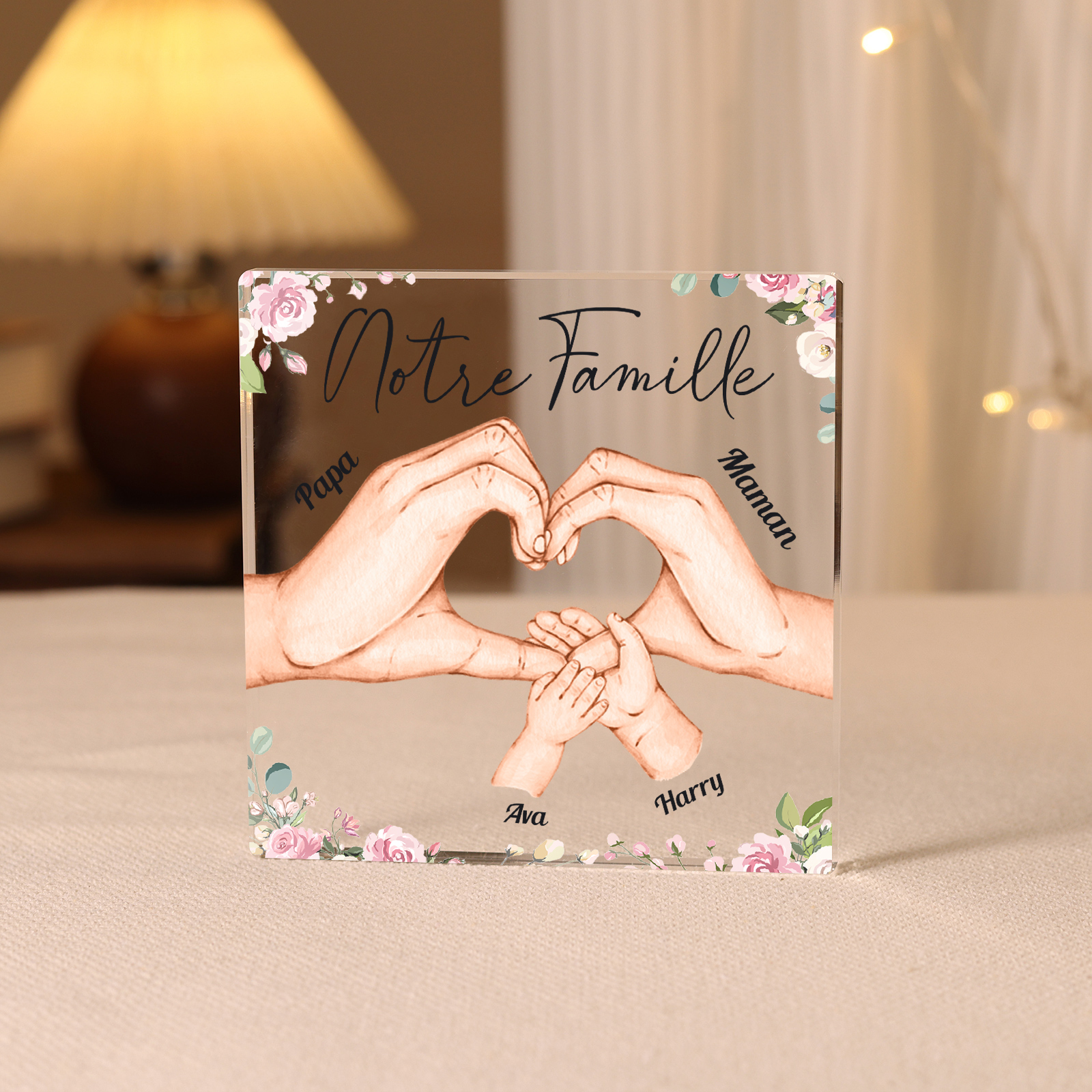 À ma Famille - Plaque Acrylique Carrée la Main dans la Main 4 Prénoms Personnalisés avec Texte