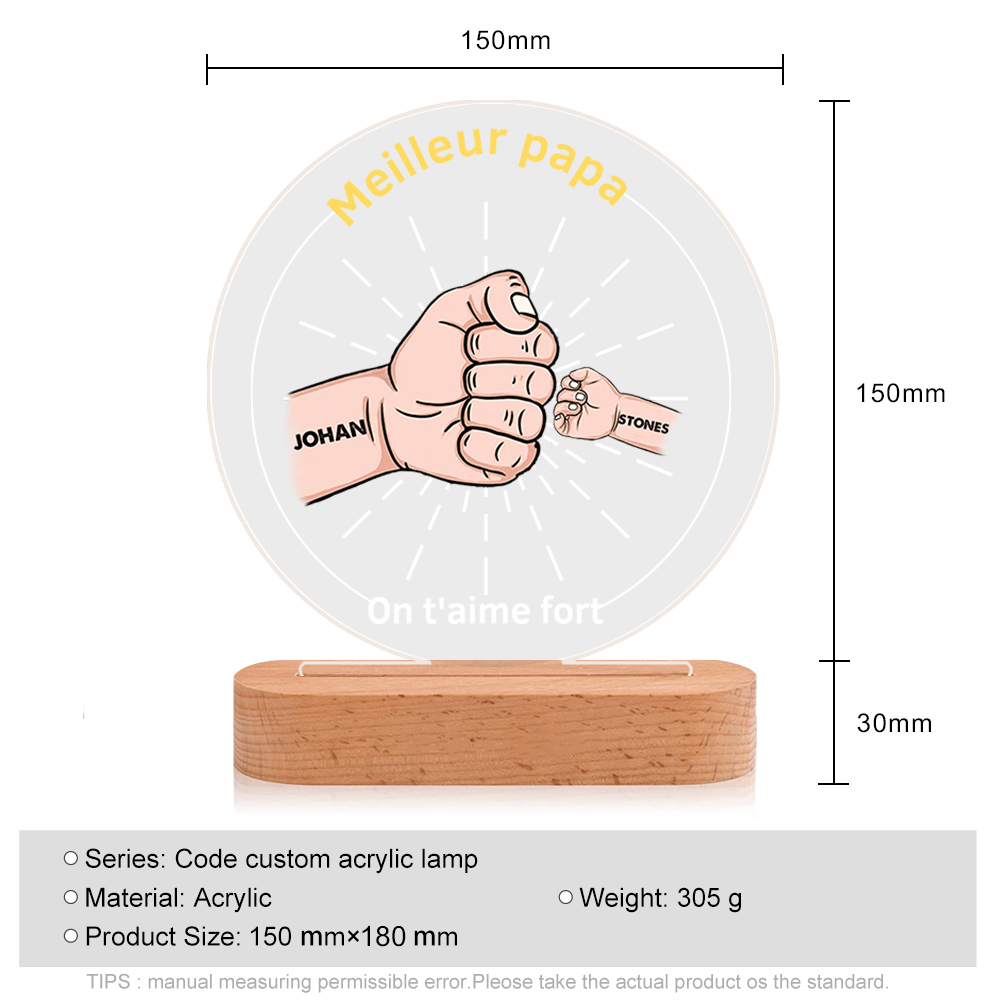 À Papa/Papi - Lampe de chevet LED Lumières Poings 2 Prénoms et 2 Textes Personnalisés pour Famille