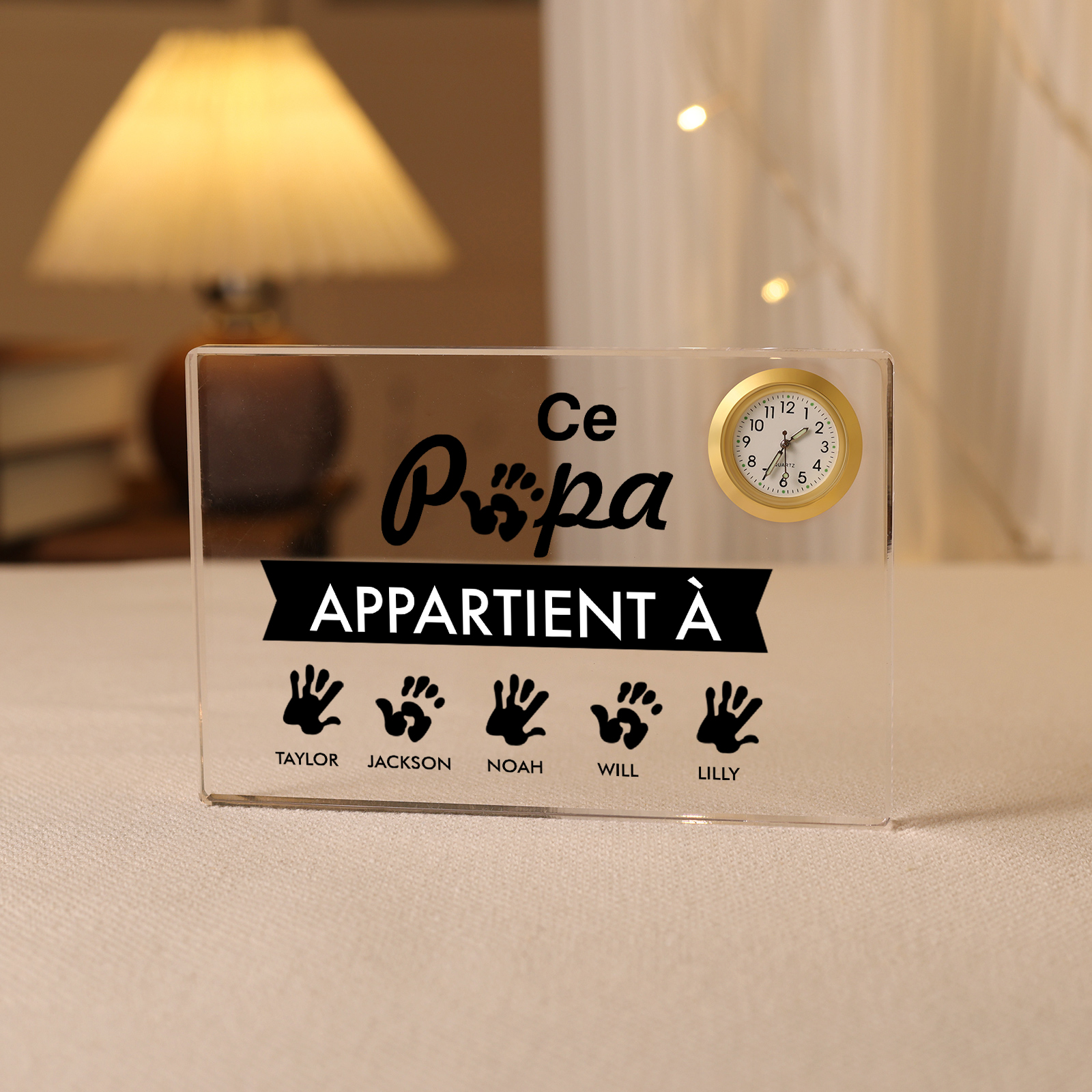 À mon Papa - Plaque Acrylique rectangle avec Horloge Empreinte De Main 5 Prénoms Personnalisés