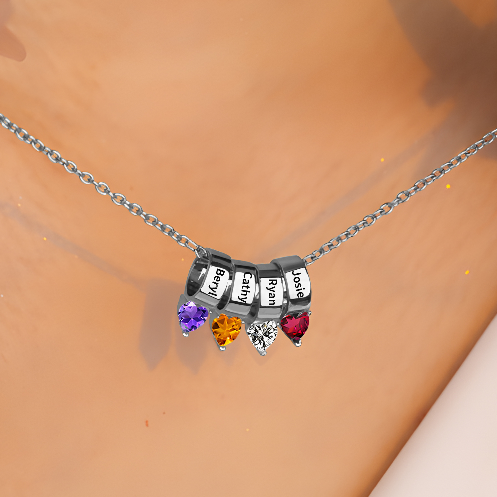 Collier Pendentif Cœur 4 Prénoms et Pierres de Naissance Personnalisés Collier Femmes
