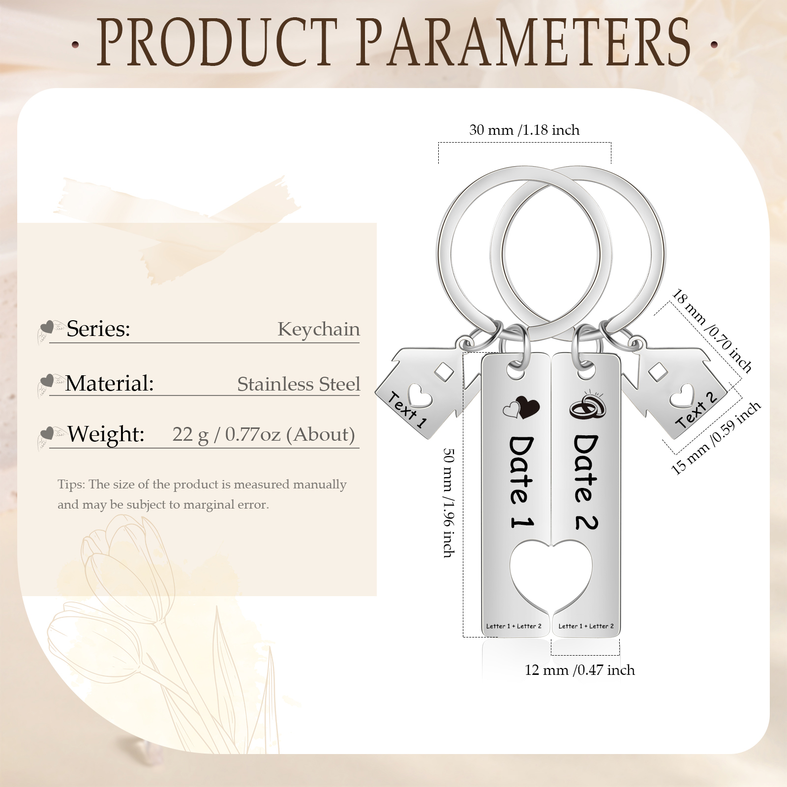 Porte-Clés 2 Lettres et 2 Dates Personnalisées avec 2 Textes pour Couple