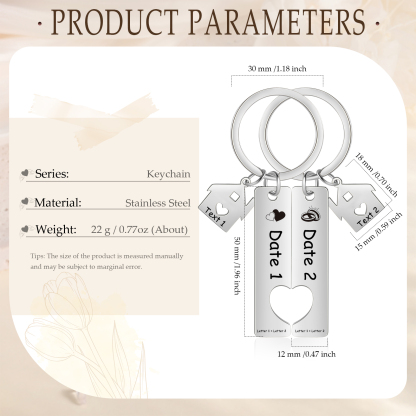 Porte-Clés 2 Lettres et 2 Dates Personnalisées avec 2 Textes pour Couple