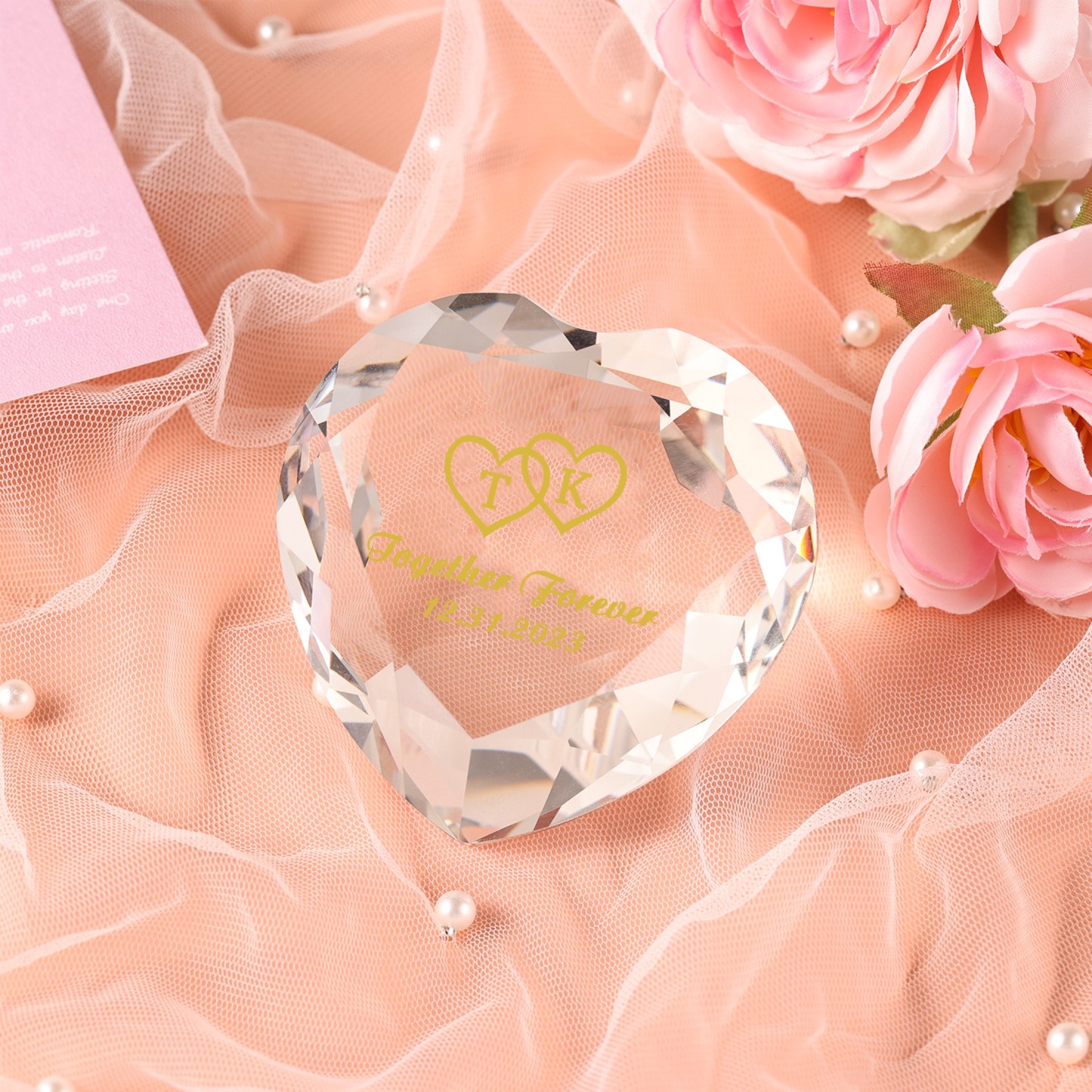Décoration Cristal Cœur 2 Prénoms et 2 Lettres Personnalisés avec Date pour Couple