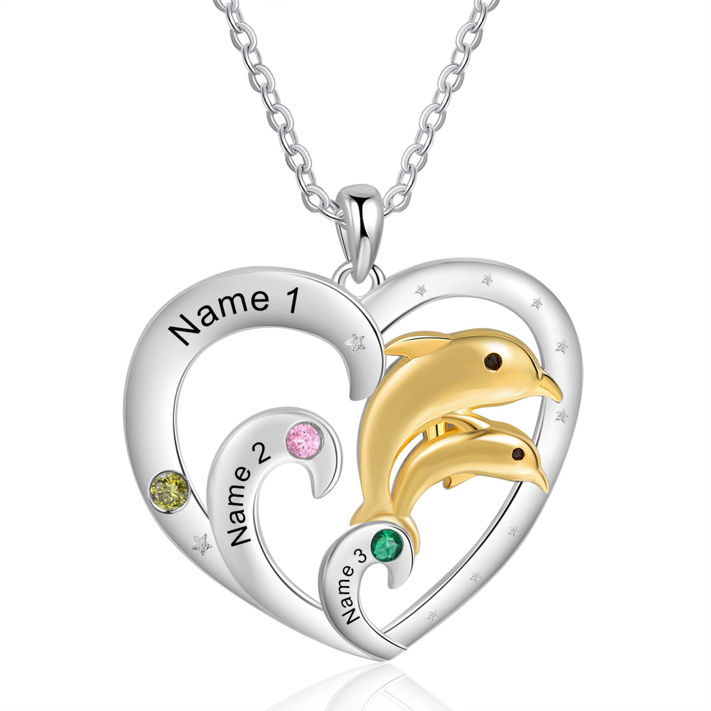 Collier Coeur et Dauphin Pendentif 3 Prénoms Personnalisés avec 3 Pierres de Naissance|Jessemade