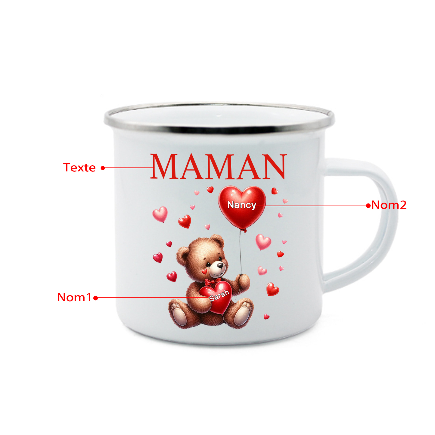 À Maman/Mamie - Tasse émaillée Ours 2 Prénoms Personnalisés