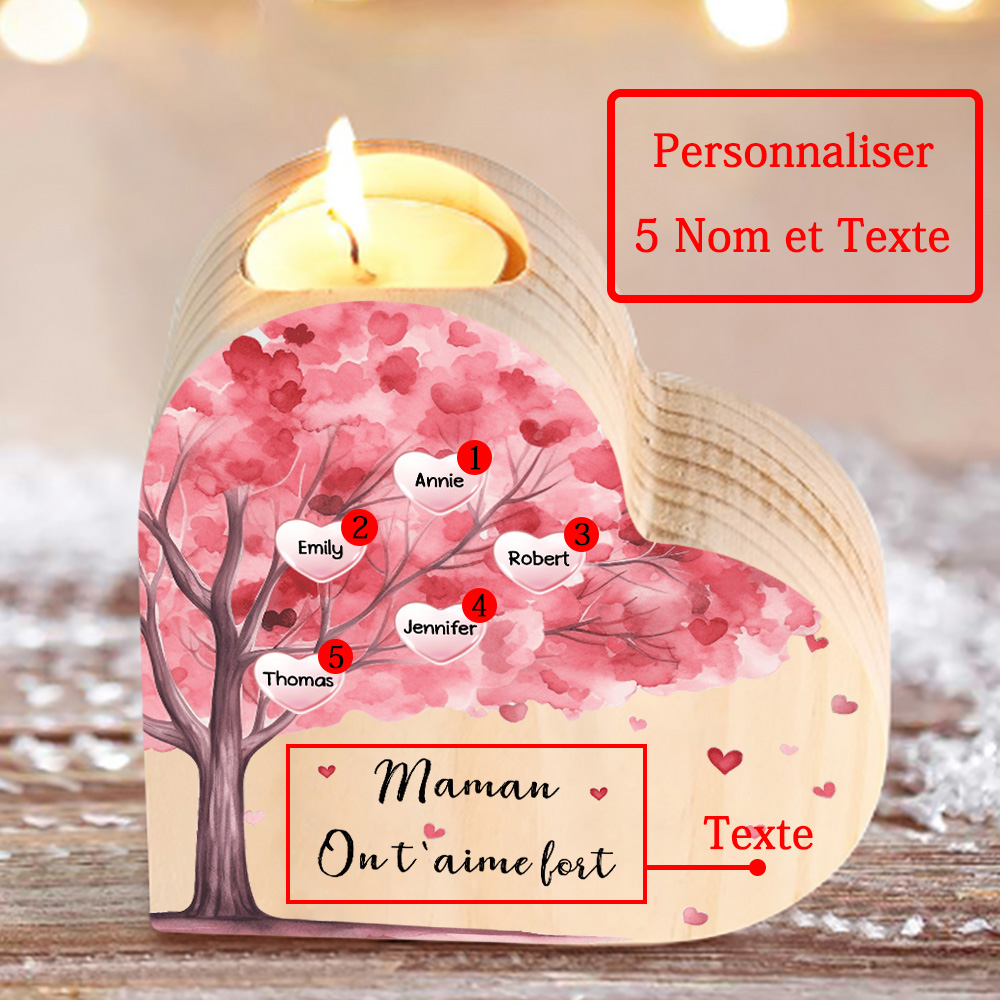 À Ma Maman/Mamie - Bougeoir en Bois Arbre 5 Prénoms et 1 Texte Personnalisés pour Famille sans bougie