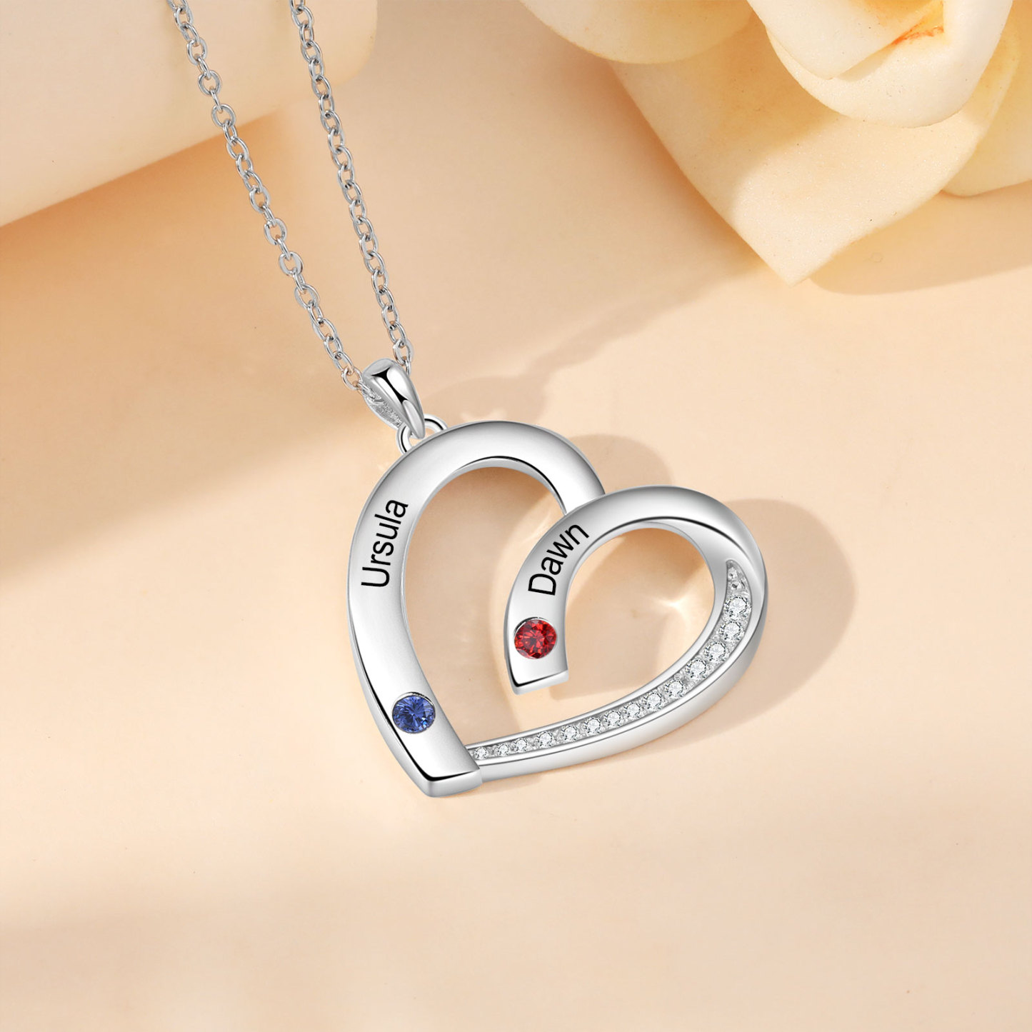 Collier Pendentif Cœur 2 Prénoms Personnalisés avec Pierre de naissance pour Femmes