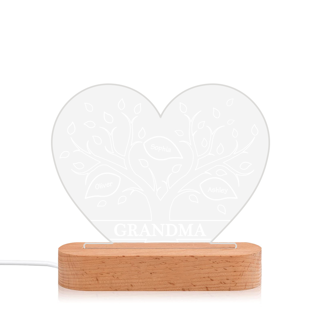 À Maman/Mamie - Lampe de chevet LED Arbre 3 Prénoms Personnalisés avec 1 Texte