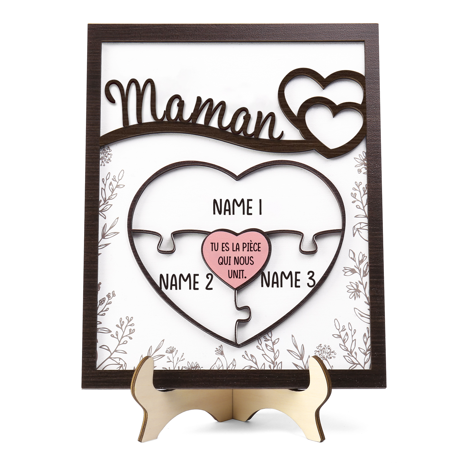 À ma Maman - Décoration en bois Cœur et Puzzle 3 Prénoms Personnalisés Ornement pour Famille