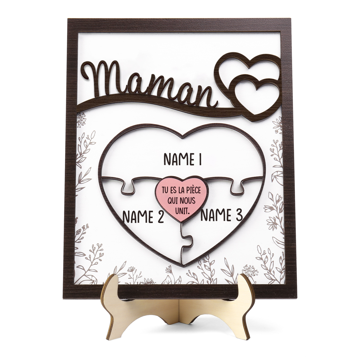 À ma Maman - Décoration en bois Cœur et Puzzle 3 Prénoms Personnalisés Ornement pour Famille