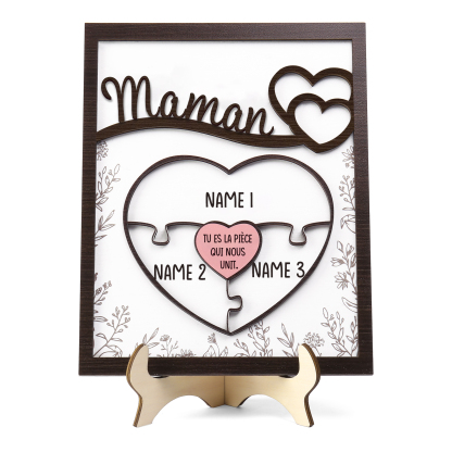 À ma Maman - Décoration en bois Cœur et Puzzle 3 Prénoms Personnalisés Ornement pour Famille