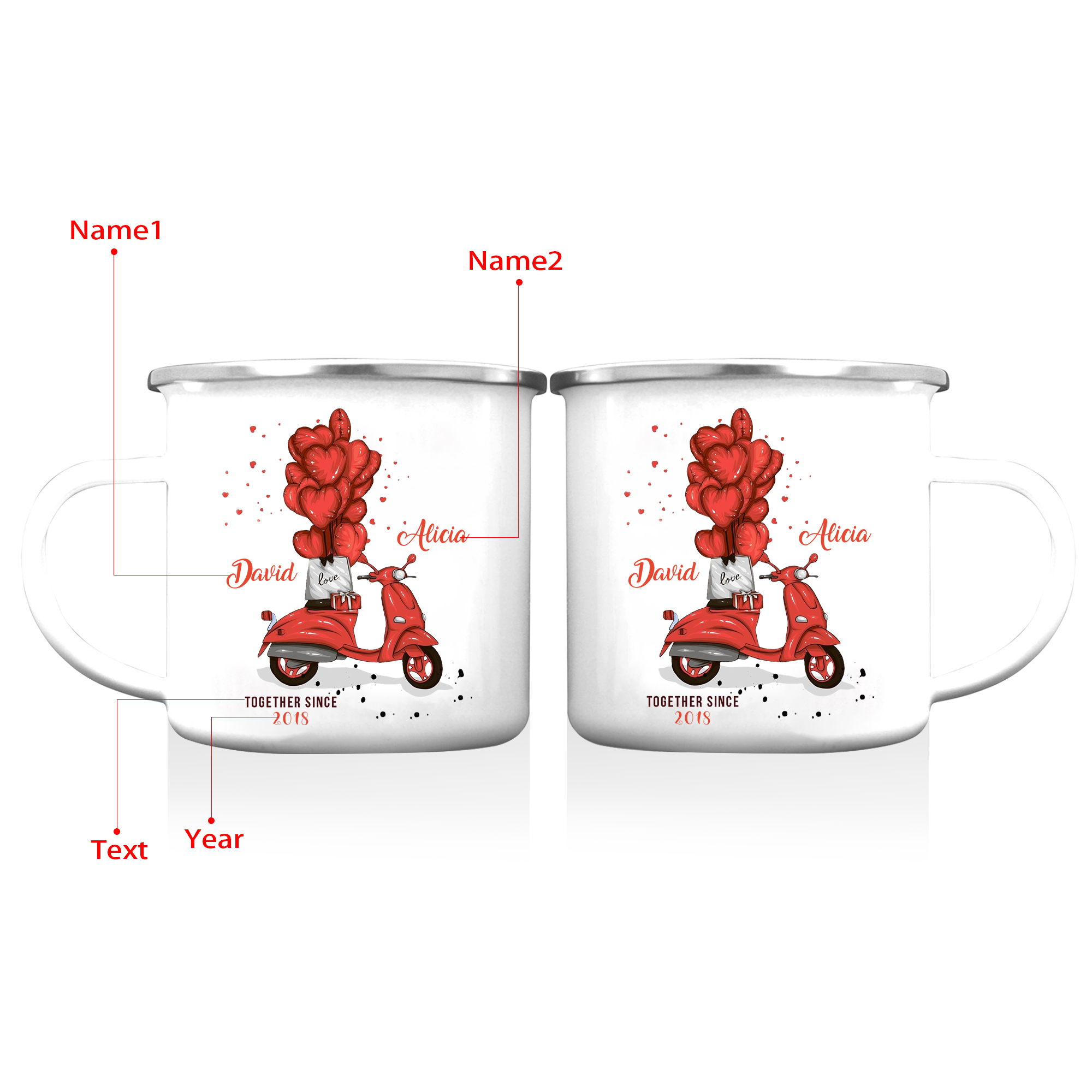 Tasse émaillée 2 Prénoms Personnalisés avec Texte et Année pour Couple