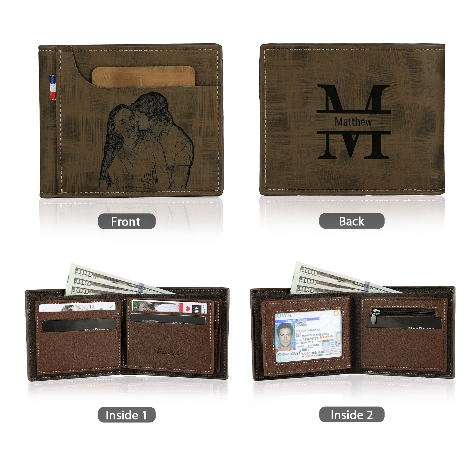 Portefeuille Classique 1 Prénom et Lettre Personnalisés avec Photo Porte-Monnaie Carte