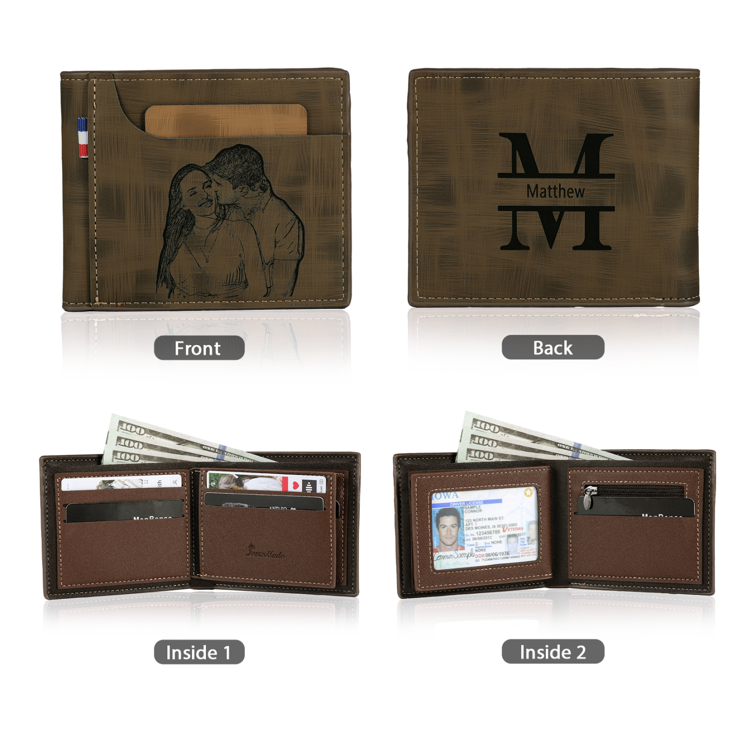 Portefeuille Classique 1 Prénom et Lettre Personnalisés avec Photo Porte-Monnaie Carte