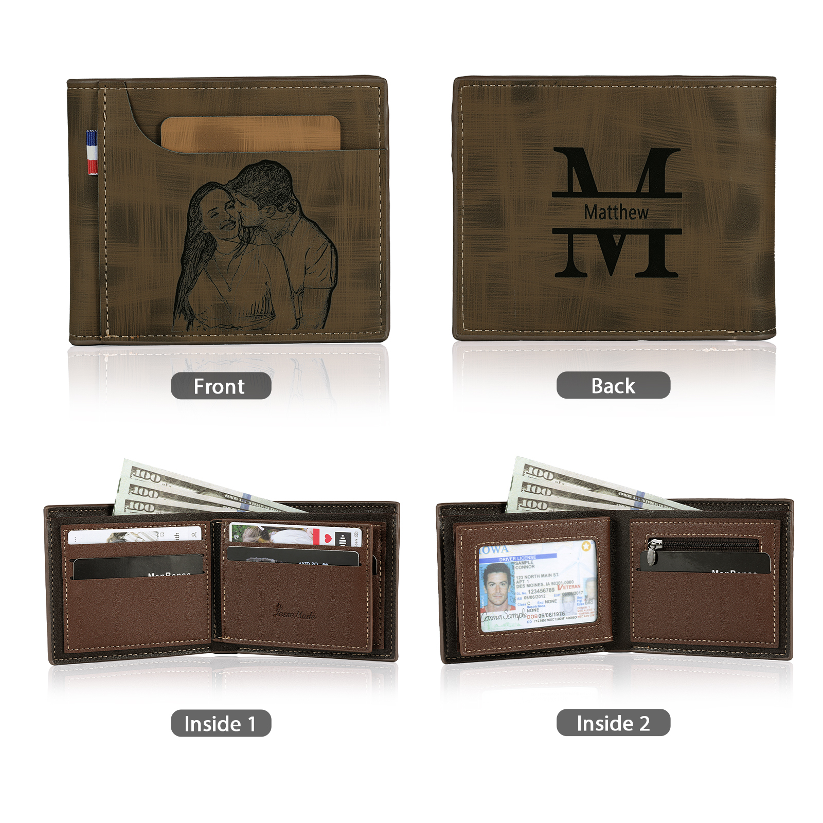 Portefeuille Classique 1 Prénom et Lettre Personnalisés avec Photo Porte-Monnaie Carte