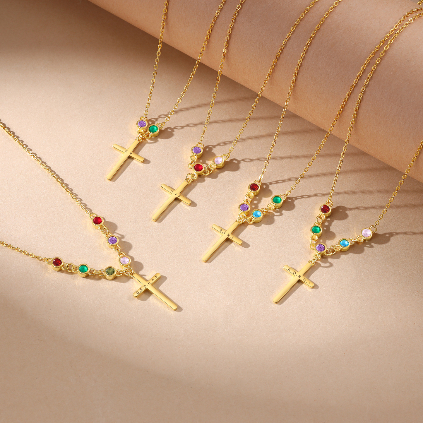 Collier Croix 2 Pierres de Naissance Personnalisés avec Texte Collier pour Femmes