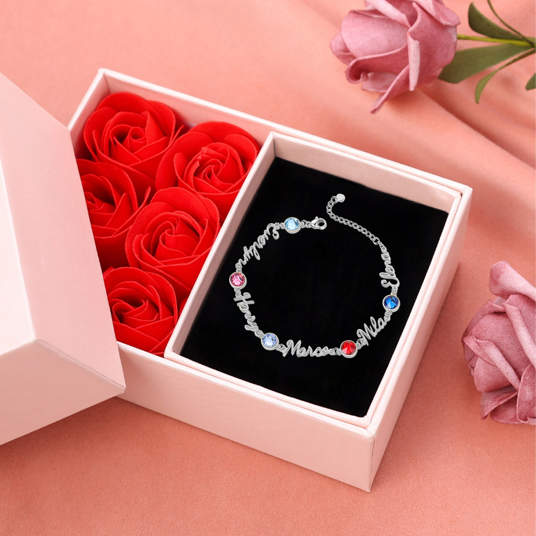 Bracelet Breloque 5 Prénoms Personnalisés avec 5 Pierre de Naissance pour Femmes