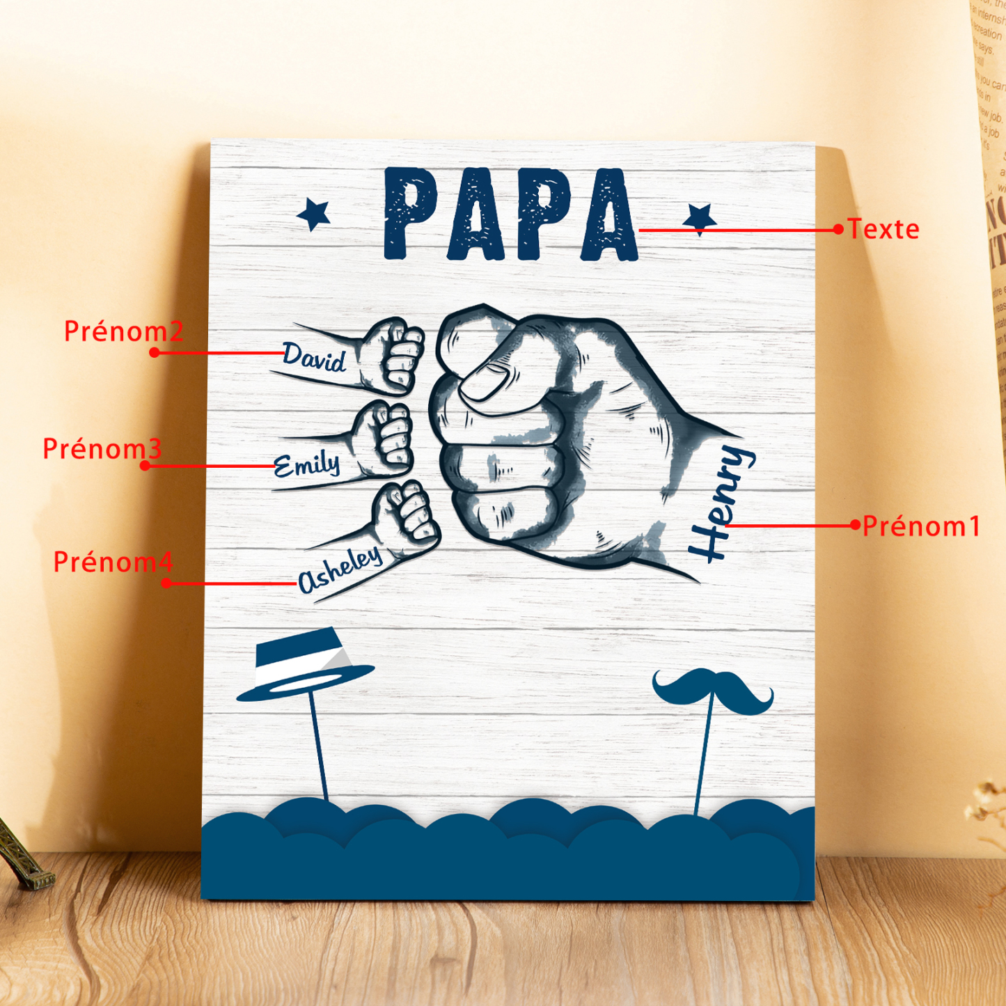 À Mon Papa/Papi-Cadre en Bois Poings 4 Prénoms Personnalisés avec Texte