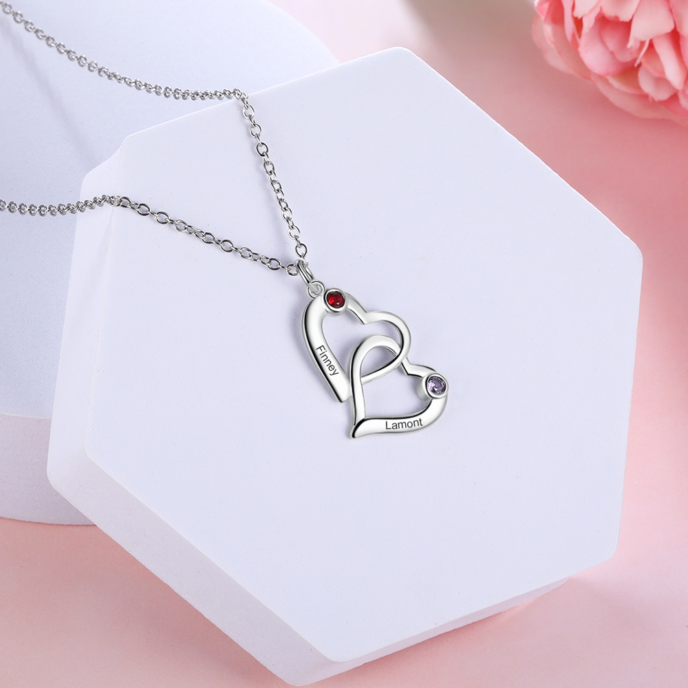Collier Coeur 2 Prénoms Personnalisés Pendentif avec 2 Pierre de Naissance｜Jessemade