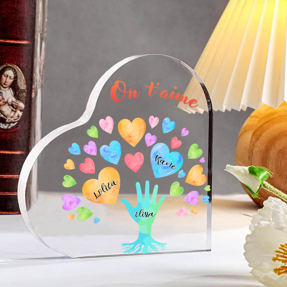 Plaque Acrylique en Forme de Cœur 3 Prénoms Personnalisés avec Texte pour Famille