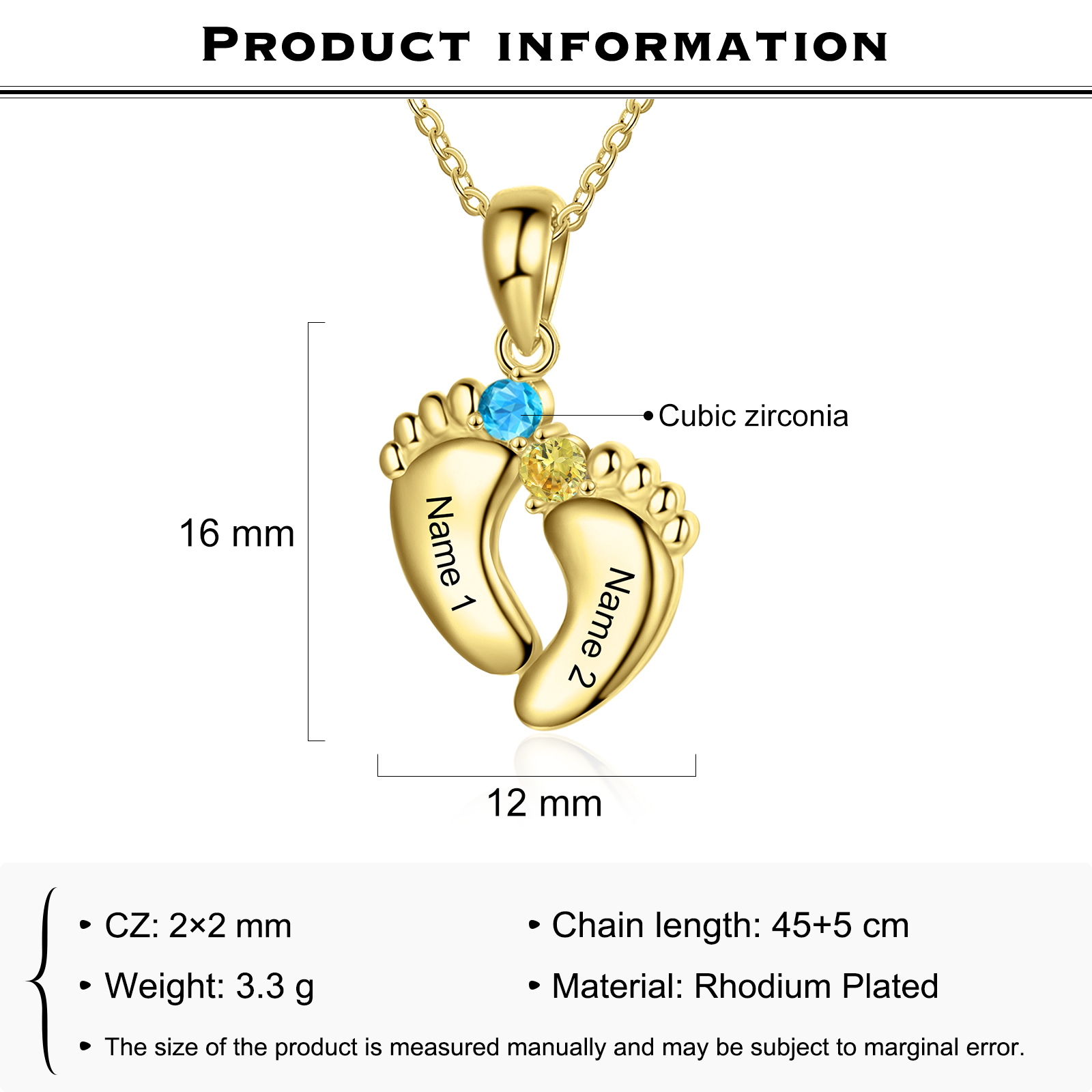 Collier 2 Prénom Personnalisé pied bebe avec pierre de naissance