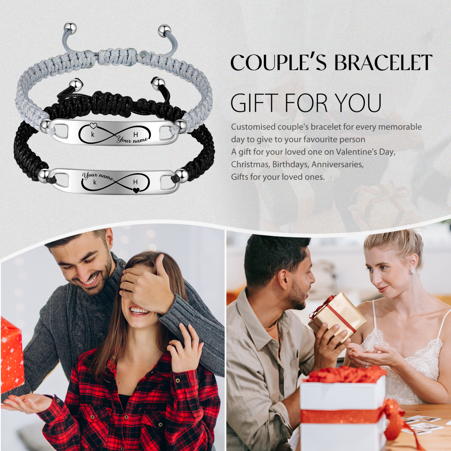 Bracelet couple 2PCS avec 2 Prénoms Personnalisé avec 2 lettres bracelet en commun Noeud Coulissant