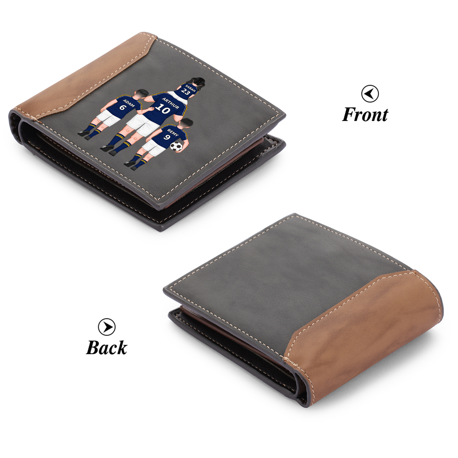 Portefeuille Classique Football Famille 2-4 Prénoms Personnalisés Porte-Monnaie Carte