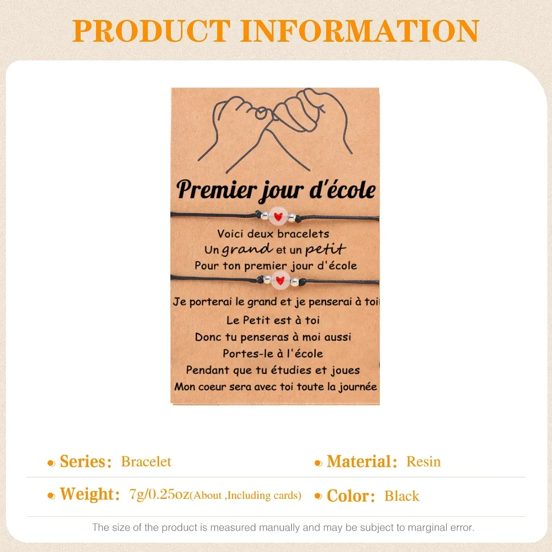 2PCS Ensemble de Bracelets Cœur Bracelet en Commun Cadeau Rentrée Scolaire Premier jour d’école｜Jessemade
