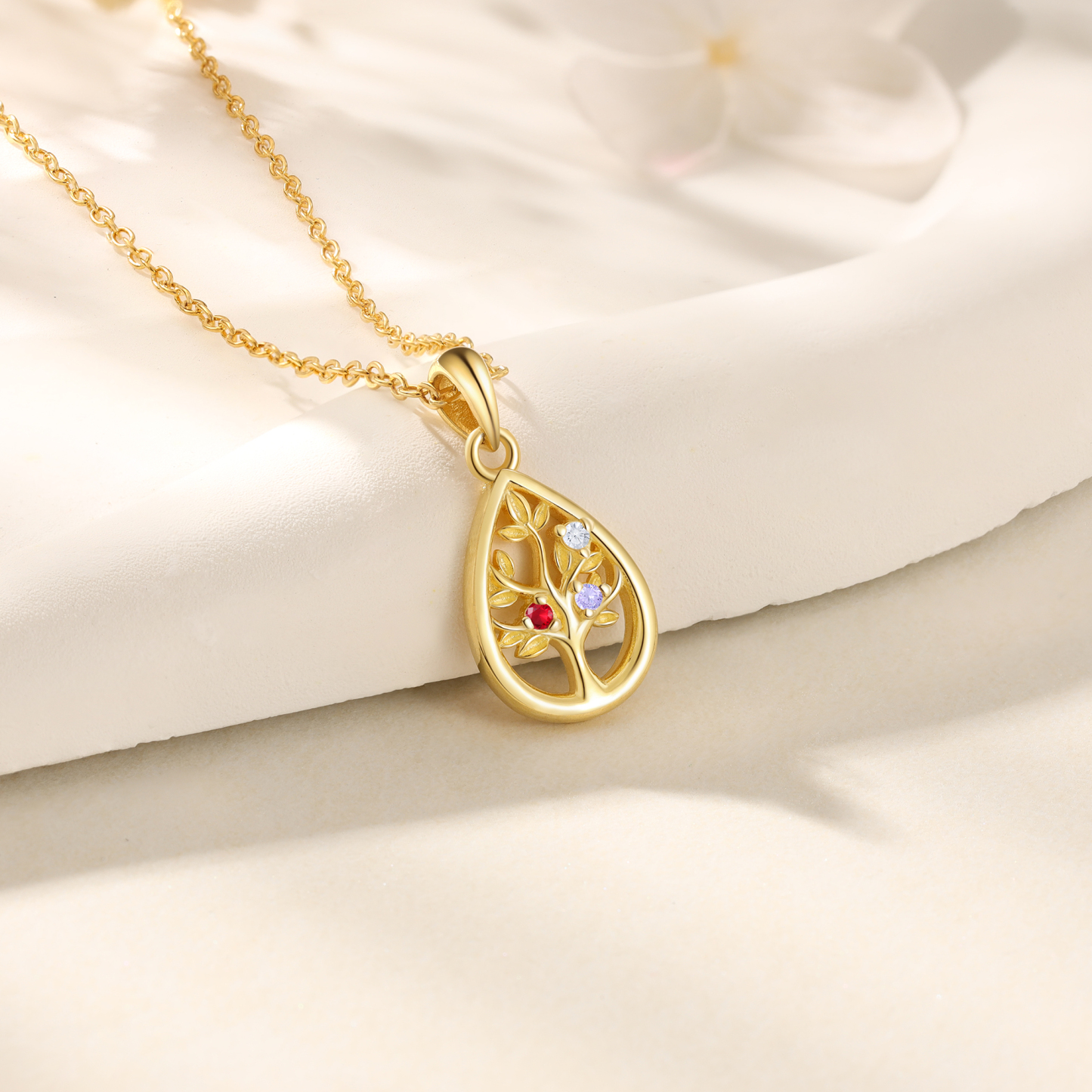 Collier Pendentif Arbre de vie 3 Pierres De Naissance Personnalisés Collier Arbre généalogique