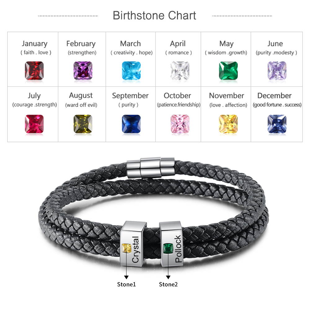 Bracelet 2 Prénom Personnalisé Avec 2 pierre de naissance Bracelet Homme
