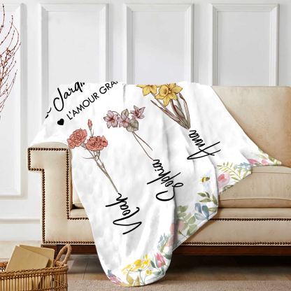 À ma Maman - Plaid Personnalisé 3 Prénoms Personnalisés avec Fleurs de Naissance Couverture le jardin de Maman en Flanelle Blanc ou Rose | Jessemade