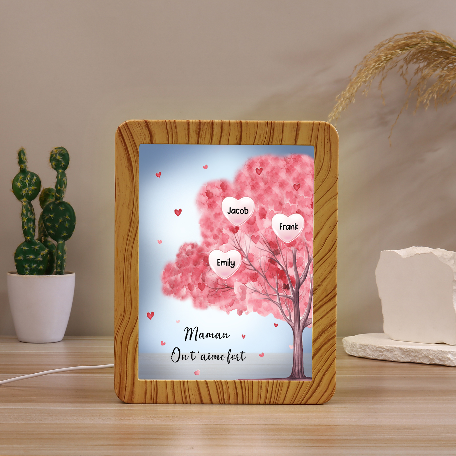 Cadre Photo/Miroir LED Multifonctionnel Arbre 3 Prénoms Personnalisés avec Texte pour Famille