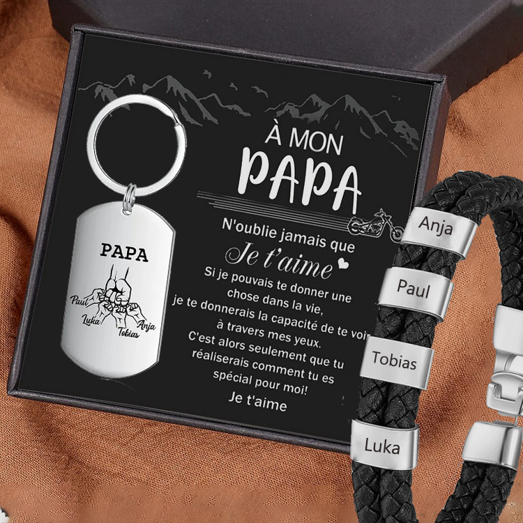 À mon Papa -Combinaison de Bracelet et Porte-Clés Poings 4 Prénoms Personnalisé