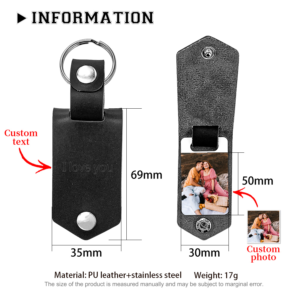 Porte-Clés Cuir Texte et Photo Personnalisées pour Couple