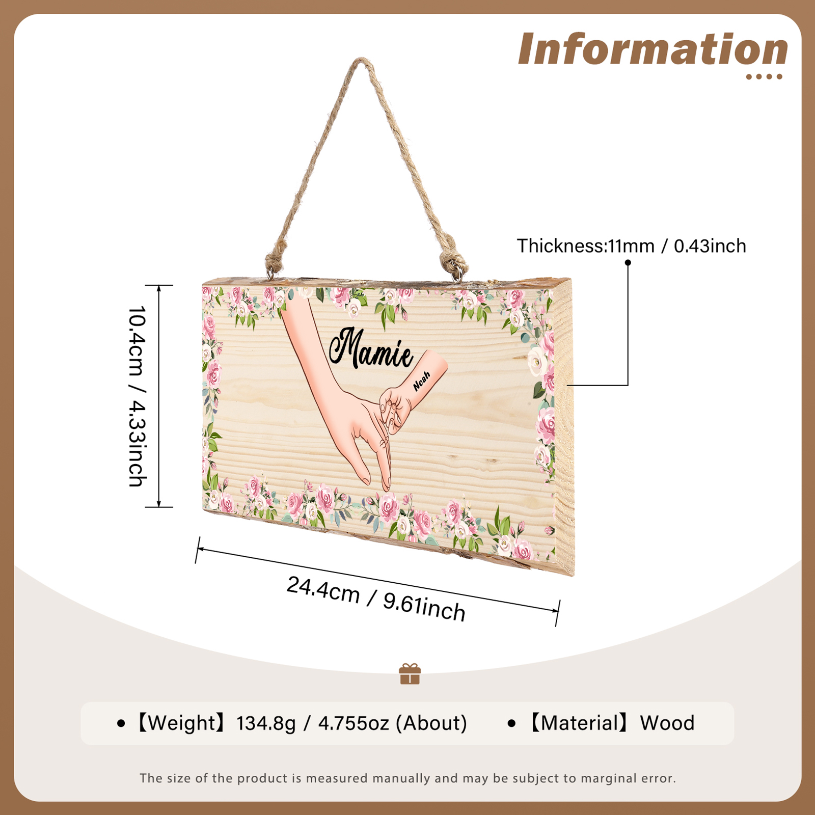 À ma Mamie - Décoration en bois la main dans la main 1-6 Prénoms Personnalisés pour Famille Peinture Décorative