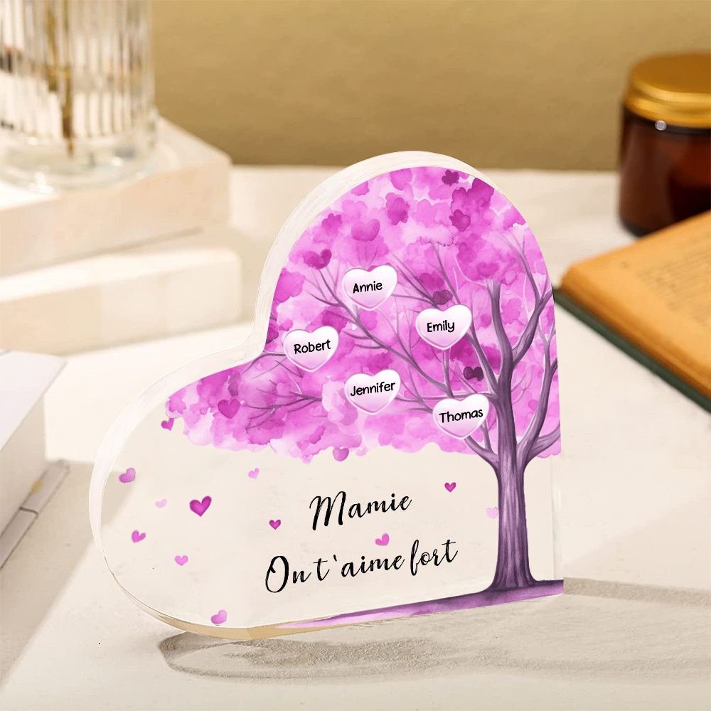 À ma Maman/Mamie - Plaque Acrylique Arbre en Forme de Cœur 5 Prénoms Personnalisés avec 1 Texte