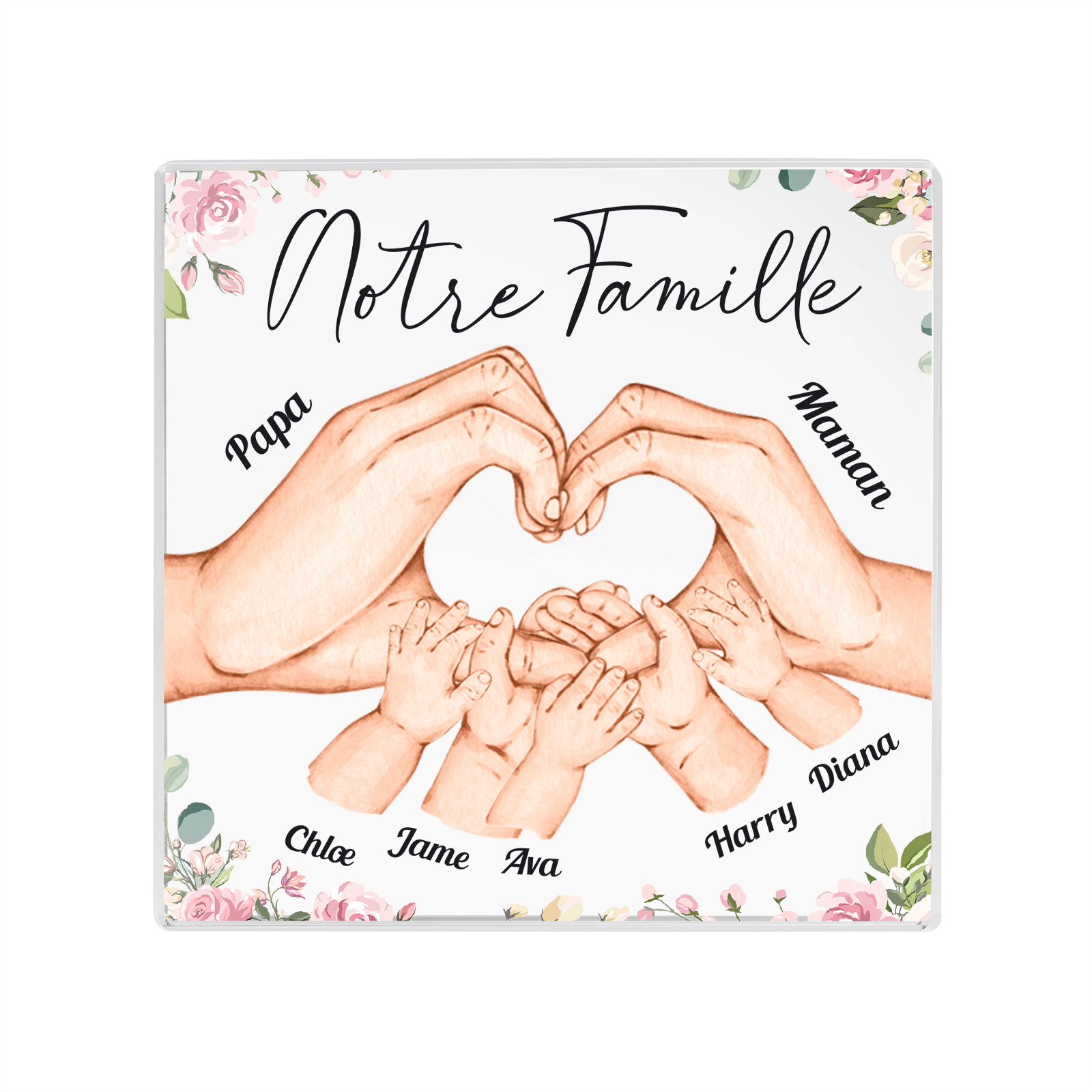 À ma Famille - Plaque Acrylique Carrée la Main dans la Main 7 Prénoms Personnalisés avec Texte