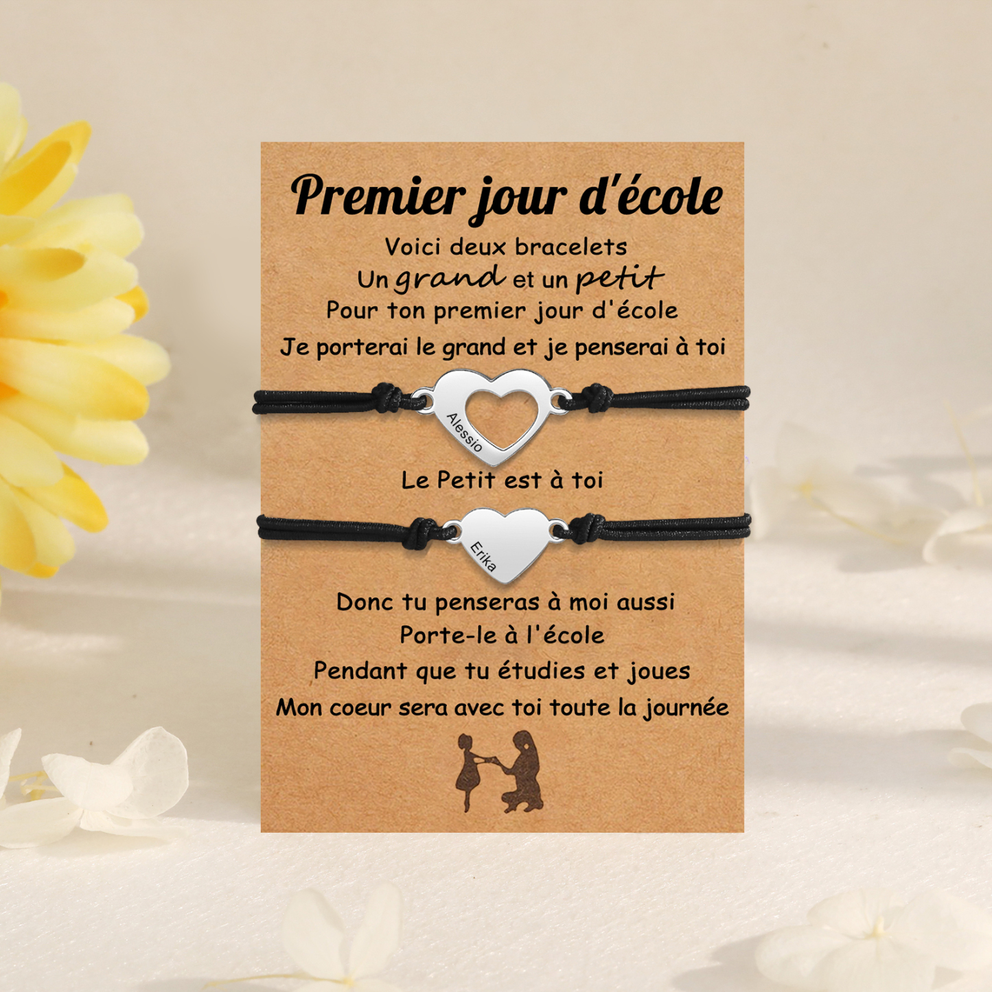 2PCS Bracelets Cœur 2 Prénoms Personnalisés Bracelet en Commun corde élastiques Cadeau Rentrée Scolaire Premier jour d’école|Jessemade